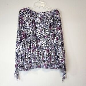 LUCKY BRAND Cream Blue Purple Floral Smocked Ruched Boho Jersey Shirt